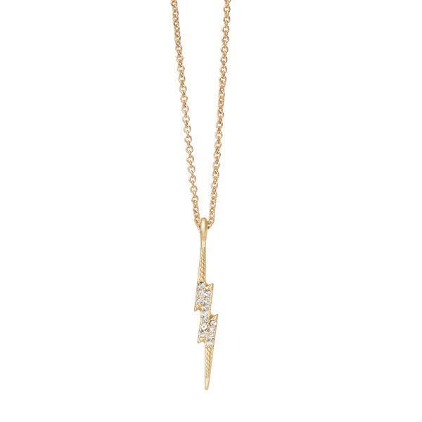 Yellow gold necklace featuring a vertical lightning bolt pendant with shimmering pave-set diamonds and textured millgrain edges centered on a white background and suspended from a delicate cable chain