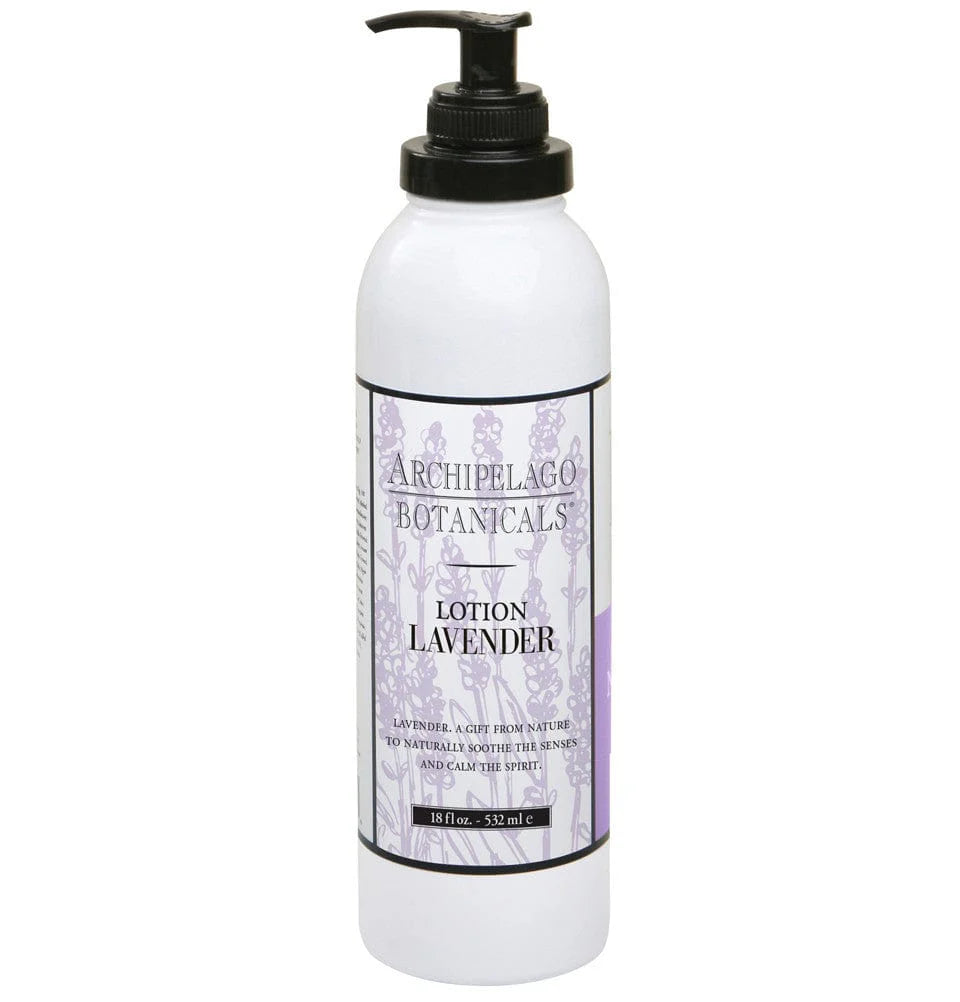 Product photograph by Archipelago Botanicals of a white lavender lotion bottle featuring a black pump dispenser and elegant purple floral illustrations against a clean white background