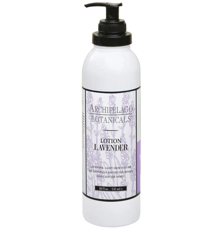 Product photograph by Archipelago Botanicals of a white lavender lotion bottle featuring a black pump dispenser and elegant purple floral illustrations against a clean white background