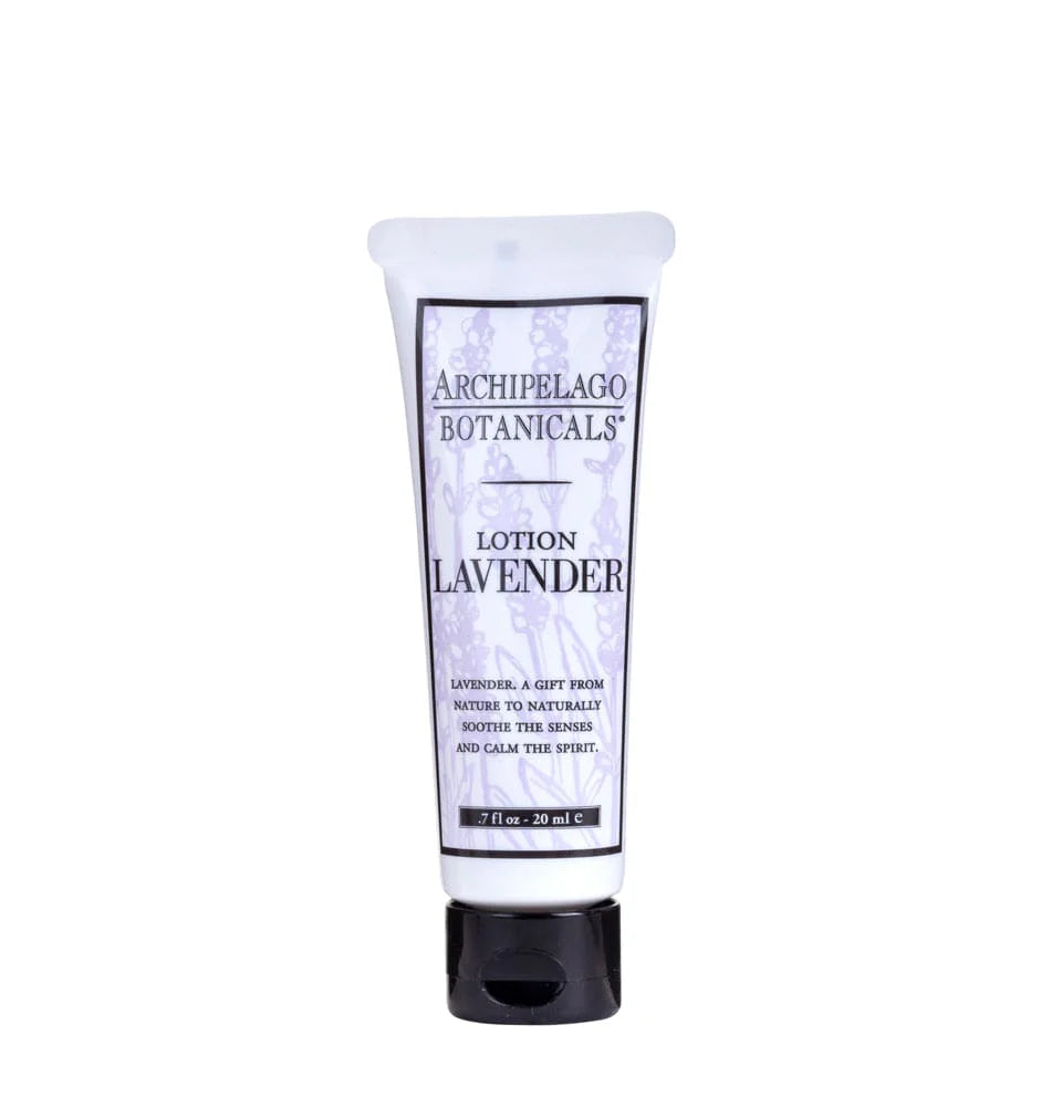 Product photograph by Archipelago Botanicals of a travel-sized lavender lotion tube positioned centrally on a white background featuring faint purple floral illustrations and a solid black cap