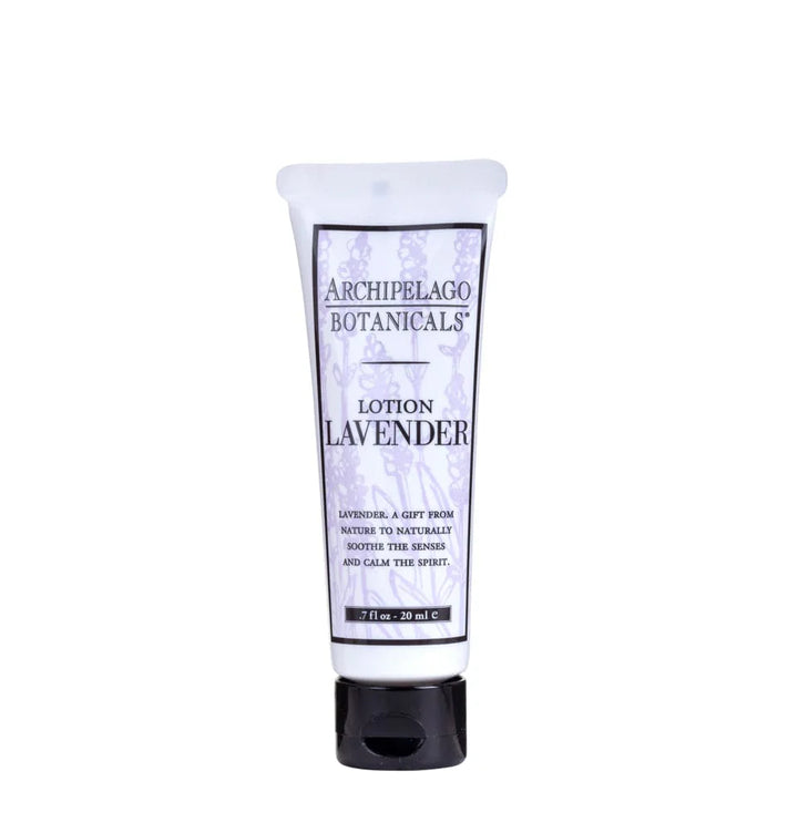 Product photograph by Archipelago Botanicals of a travel-sized lavender lotion tube positioned centrally on a white background featuring faint purple floral illustrations and a solid black cap