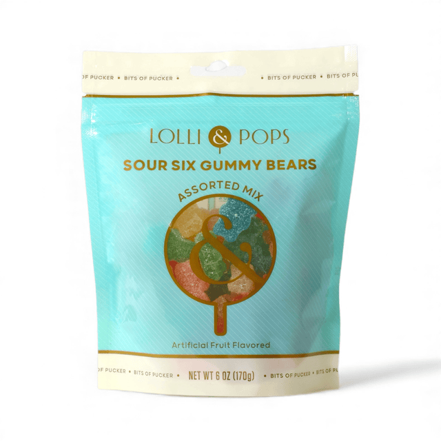 Product photography by Lolli &amp; Pops of a Sour Six Gummy Bears Assorted Mix bag on a white background featuring a bright turquoise pouch, a circular window showing sugar-dusted gummy bears, and iconic gold-foiled branding with a central ampersand logo
