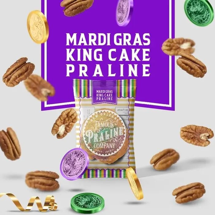 Digital graphic advertisement by New Orleans Famous Praline Company featuring a Mardi Gras King Cake Praline package surrounded by floating pecans, festive purple, green, and gold doubloons, and a swirling gold ribbon against a vibrant purple backdrop