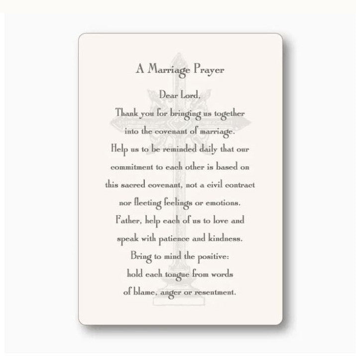 Printed card titled A Marriage Prayer featuring elegant serif typography and a subtle, ornate grey cross illustration on a cream-colored background with rounded edges