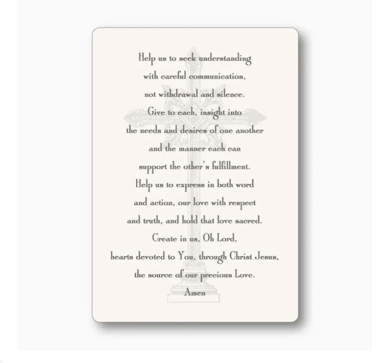 Decorative religious prayer card featuring a Christian prayer for communication and love in black serif typography centered over a faint ornate cross watermark on a cream-colored background with rounded corners and a soft drop shadow