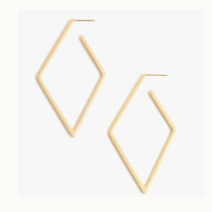 Gold-toned metal jewelry featuring a pair of large geometric diamond-shaped hoop earrings with thin flat edges and a minimalist open-frame silhouette against a plain white background
