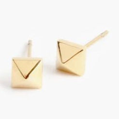 Gold stud earrings featuring a minimalist geometric pyramid design with a square base and a polished metallic finish shown on a plain white background