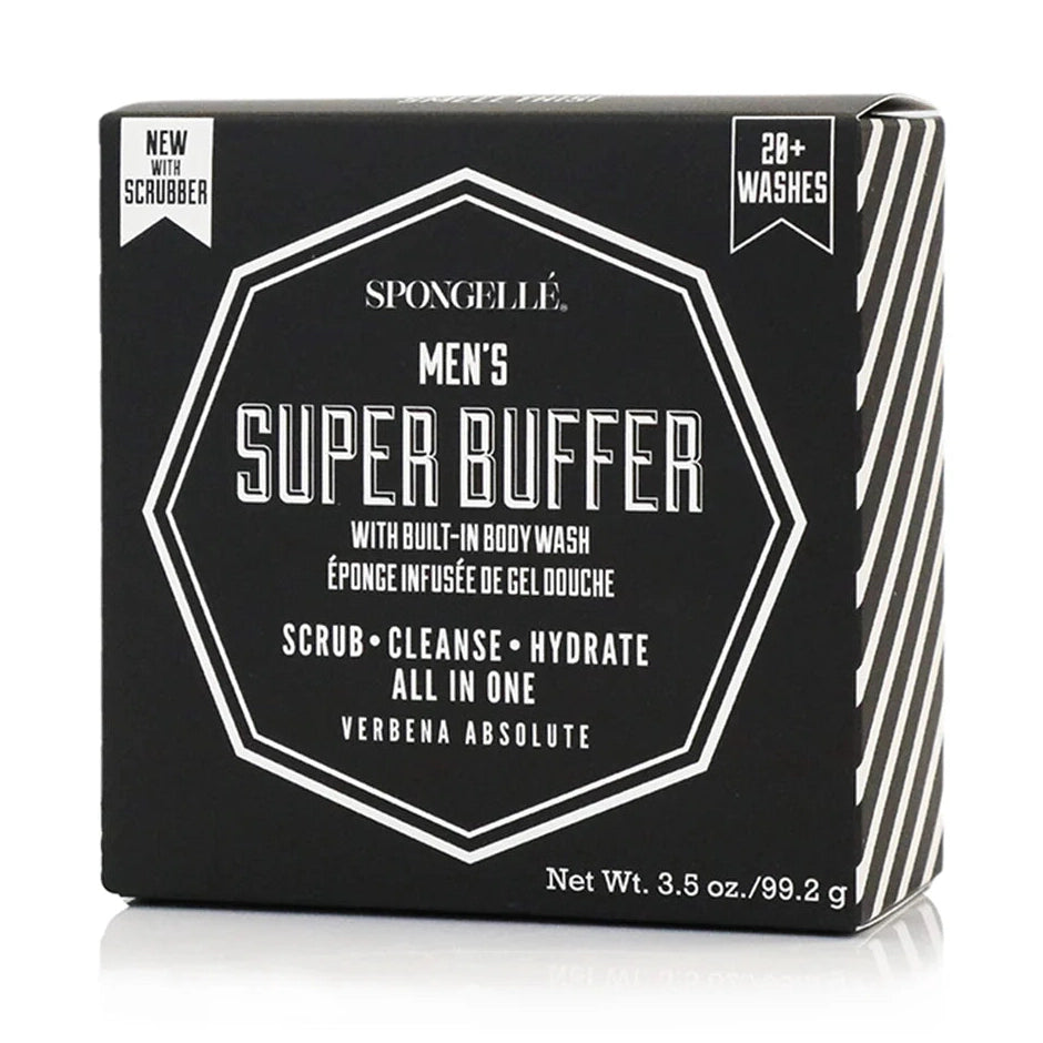 Studio product photograph of a Spongellé Men's Super Buffer in Verbena Absolute featuring a minimalist black box with a white hexagonal border, bold block lettering, and high-contrast diagonal side stripes on a reflective white background