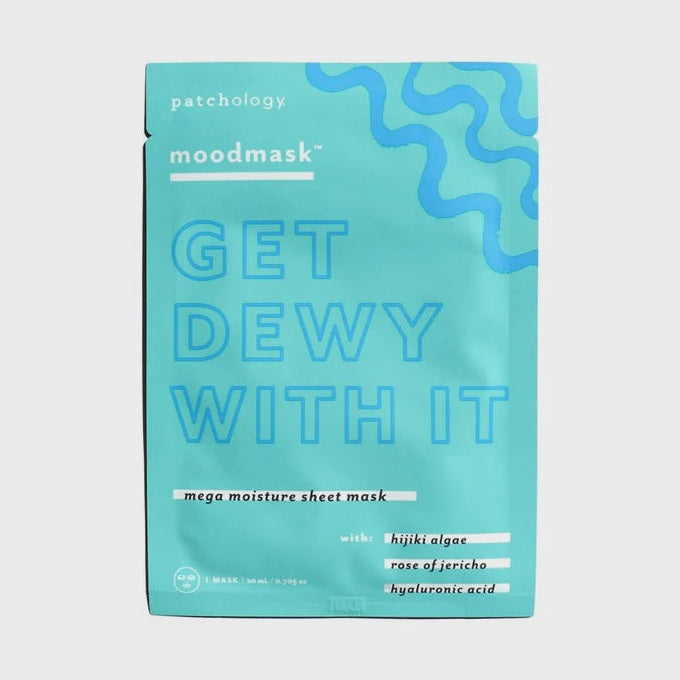 Product photography of a Patchology Get Dewy With It moodmask sheet mask centered on a light grey background featuring a turquoise packet design with royal blue wavy line illustrations and white text labels for hijiki algae and hyaluronic acid ingredients