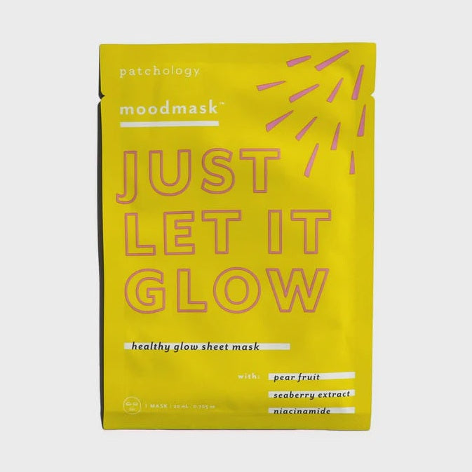 Graphic product packaging by Patchology featuring a Just Let It Glow sheet mask pouch centered on a neutral background with vibrant yellow coloring, bold pink hollow typography, and a radiating pink sunburst design
