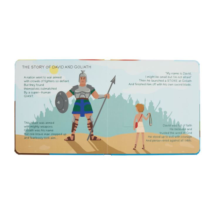 Digital illustration from a children's book depicting the biblical story of David and Goliath on a desert battlefield featuring a towering giant in a green and blue kilt with a large gray shield facing a small boy with a red pouch and a sling against a backdrop of silhouetted armies