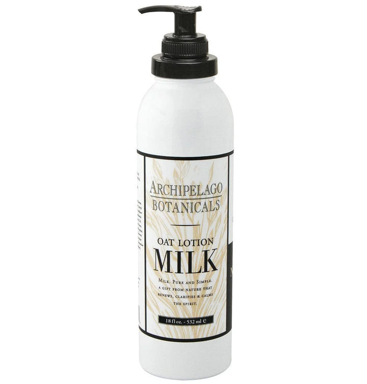 Commercial product photograph of Archipelago Botanicals Milk Oat Lotion bottle on a plain white background featuring the iconic brand label with golden oat illustrations, a black pump dispenser, and bold black typography