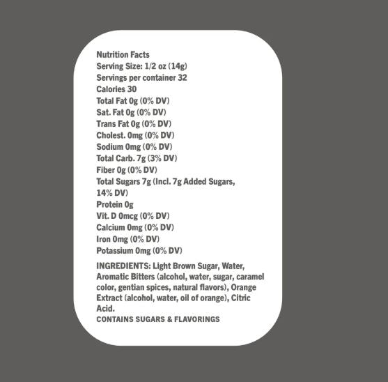 Digital graphic design of a Nutrition Facts and Ingredients label for a beverage mixer featuring iconic headers, a 30-calorie serving count, and a specific list including light brown sugar and aromatic bitters on a rounded white background
