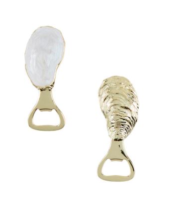 Gold metal and enamel bottle openers featuring oyster-shaped handles with one finished in iridescent white and the other in a polished gold sheen showcasing realistic ridged textures against a minimalist background