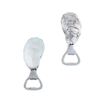 Polished silver metal oyster shell bottle openers on a white background featuring realistic craggy ridges and a smooth pearlescent interior finish