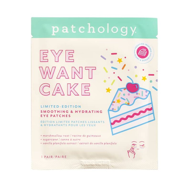 Digital packaging design by Patchology for limited-edition Eye Want Cake eye patches featuring a slice of blue cake with a pink cherry and vibrant multi-colored confetti sprinkles on a cream and mint green sachet