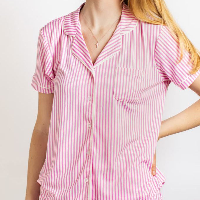 Pink and White Pinstripe Short Sleeve Button Up Sleep Shirt