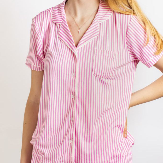 Pink and White Pinstripe Short Sleeve Button Up Sleep Shirt