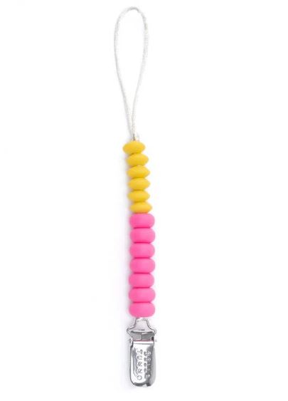 Silicone and metal pacifier clip by Bella Tunno featuring a vibrant strand of yellow and pink beads and a silver-toned metal clip on a white background