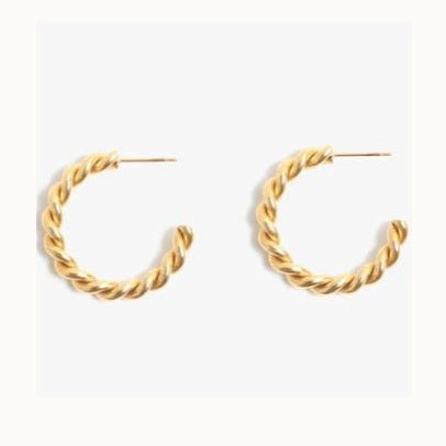 Gold-plated metal earrings featuring a pair of twisted rope-style hoop earrings on a white background with a polished yellow gold finish and thin post-back closures
