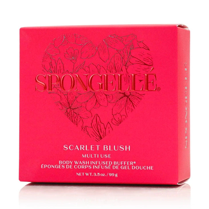 Product packaging by Spongellé featuring a vibrant magenta Scarlet Blush Body Wash Infused Buffer box highlighting the iconic Spongellé logo above an intricate line-art floral heart and metallic red lettering
