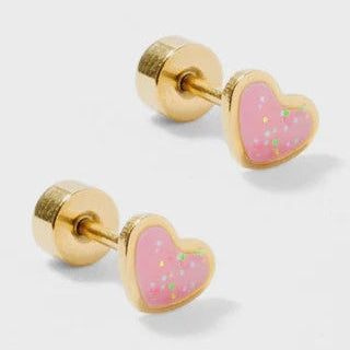 Gold-toned jewelry featuring a pair of pink heart-shaped stud earrings on a neutral gray background with secure screw-back posts and multi-colored glitter accents in mint and yellow