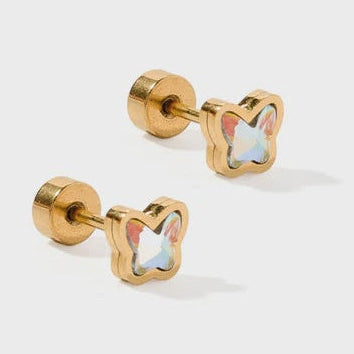 Gold butterfly stud earrings featuring shimmering iridescent wing inlays set in polished gold-tone frames on a neutral gray background with vibrant opalescent patterns and secure flat-back screw posts