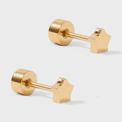 Gold-tone metal jewelry featuring a pair of star-shaped stud earrings on a light gray background with cylindrical flat-back screw posts and a polished metallic five-point star silhouette