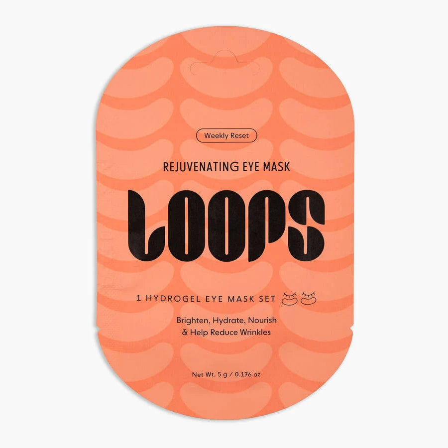 Graphic design packaging by LOOPS for a rejuvenating eye mask set featuring a peach-toned sachet with a wavy background pattern, bold black stylized lettering, and small sleeping eye icons