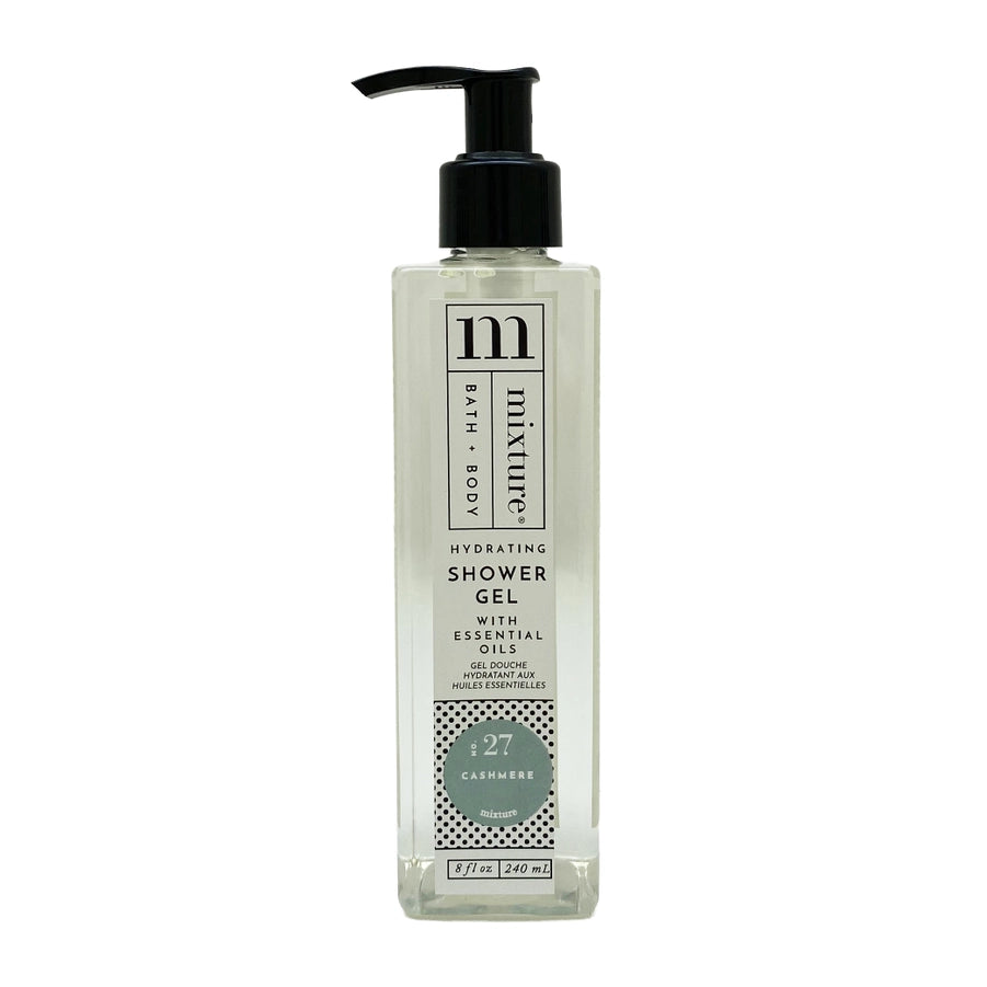 Product photograph of Mixture Hydrating Shower Gel featuring a clear rectangular bottle with a black pump dispenser, a teal No. 27 Cashmere label, and a decorative black-and-white dotted pattern on a white background