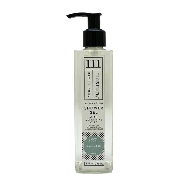 Product photograph of Mixture Hydrating Shower Gel featuring a clear rectangular bottle with a black pump dispenser, a teal No. 27 Cashmere label, and a decorative black-and-white dotted pattern on a white background