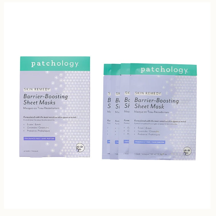 Studio product photograph of Patchology Barrier-Boosting Sheet Masks including a box and individual packets on a white background featuring a lavender and teal color palette with a repeating white cross pattern and a small facial mask illustration