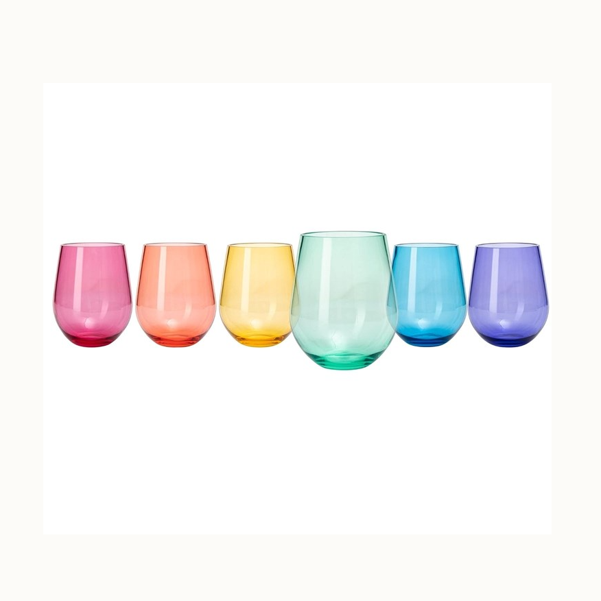 Translucent glass tumblers featuring six stemless wine glasses in vibrant rainbow hues on a plain white background with a larger central mint green glass flanked by shades of pink orange yellow blue and purple
