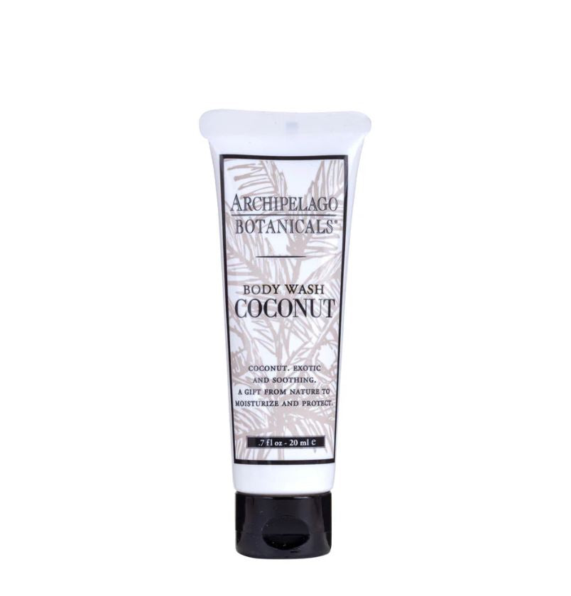 Studio product photograph by Archipelago Botanicals of a travel-sized Coconut Body Wash tube on a white background featuring the iconic brand logo, tan palm leaf motifs, and a solid black screw cap