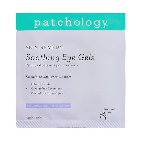 Product photograph of Patchology Soothing Eye Gels packaging featuring a vibrant teal top band with the brand logo, a list of ingredients including ectoin and ceramides, and a small minimalist illustration of a hand applying a patch to an eye on a white background