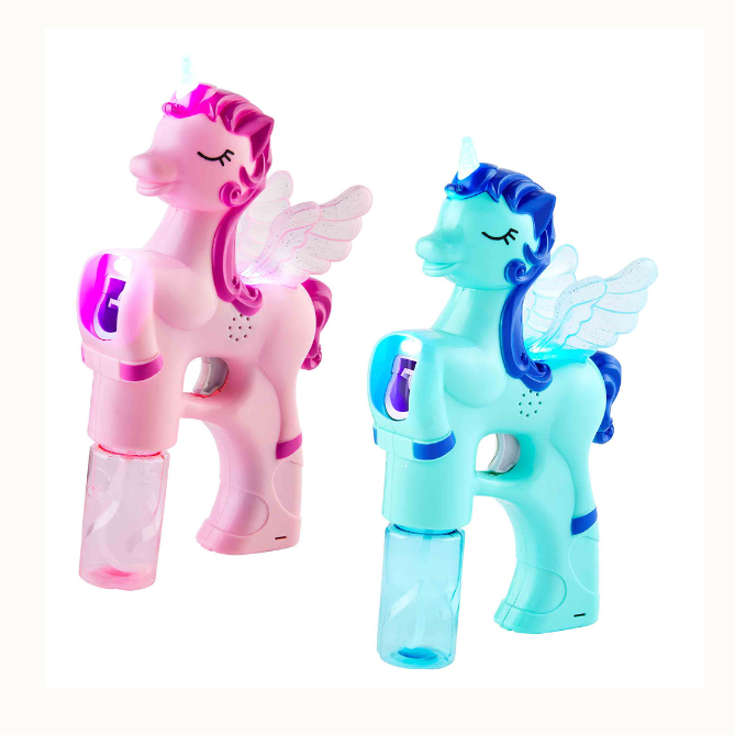 Product photograph of pink and teal plastic unicorn bubble guns on a plain white background featuring light-up horns, translucent glittery wings, and attached bubble solution bottles