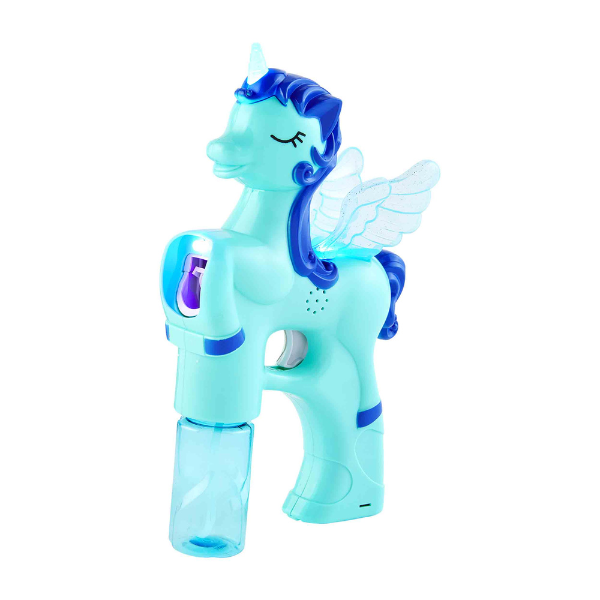 Plastic unicorn-shaped bubble blower toy machine on a white background featuring translucent iridescent wings, a dark blue mane, and a clear blue liquid reservoir bottle