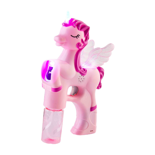 Plastic toy product photograph of a pink winged unicorn bubble gun on a white background featuring a glowing LED horn, translucent iridescent wings, and a magenta mane