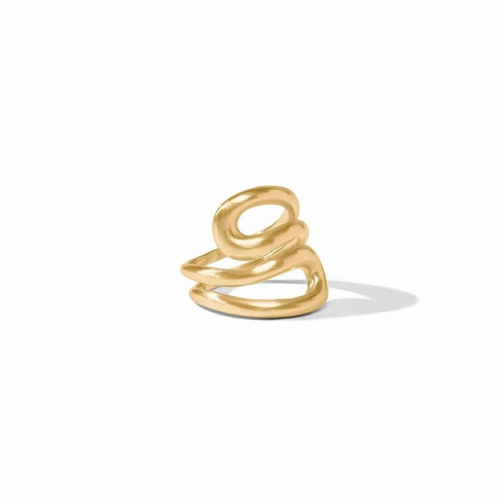 18ct gold vermeil ring by Missoma featuring a sculptural squiggle design on a plain white background with organic fluid loops, a warm matte finish, and a soft directional shadow