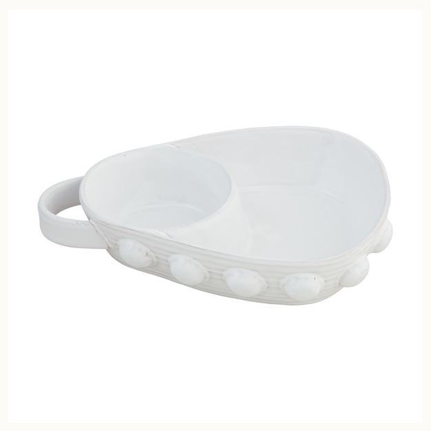 Ceramic divided serving dish featuring a side handle and two compartments positioned on a white background with a decorative raised beaded border and horizontal ribbed texture along the side
