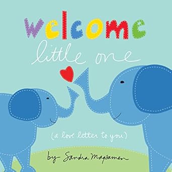 Illustration by Sandra Magsamen of two blue elephants with white stitching on a green hill beneath colorful patchwork letters and a small red heart floating between their trunks