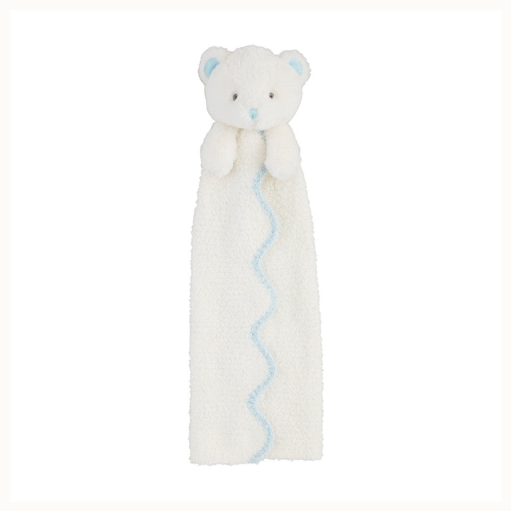 Plush baby security blanket by Barefoot Dreams featuring a white teddy bear with soft blue ear and nose accents and a central vertical wavy blue line on a soft textured fabric against a plain white background