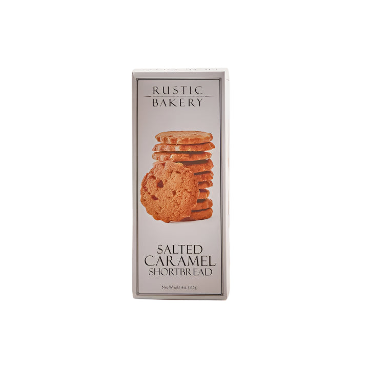 Product photograph of a Rustic Bakery Salted Caramel Shortbread box featuring a vertical stack of golden-brown cookies and minimalist black serif typography on a clean white background
