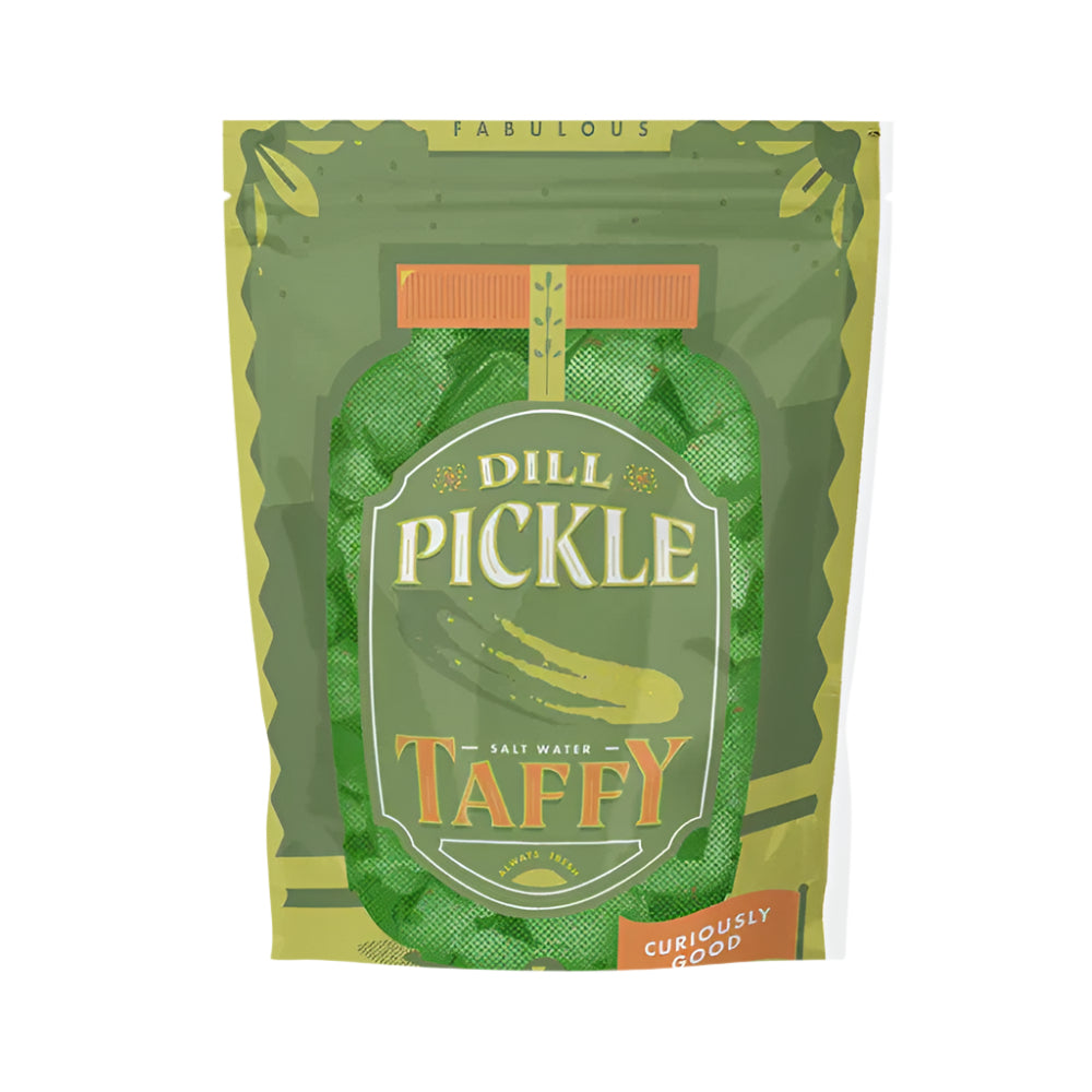 Digital illustration of a Fabulous Dill Pickle Salt Water Taffy bag featuring a central jar-shaped window filled with green wrapped candies, vibrant orange-and-yellow typography, and decorative olive-green leaf patterns
