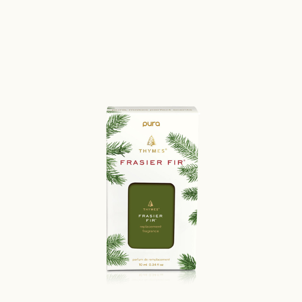 Product photograph by Thymes and Pura of a Frasier Fir replacement fragrance box featuring delicate green evergreen needle illustrations, a signature metallic gold tree logo, and bold red typography against a minimal white background