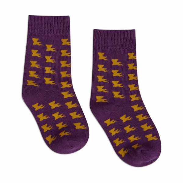 Woven fabric socks featuring a pair of deep purple crew-length socks adorned with a repeating gold pattern of Louisiana state silhouettes and textured ribbed cuffs