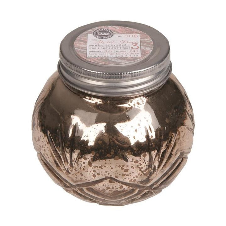 Bridgewater Candle Company soy blend candle featuring the Sweet Grace fragrance in a speckled bronze mercury glass jar with an embossed petal texture and silver metal lid on a white background